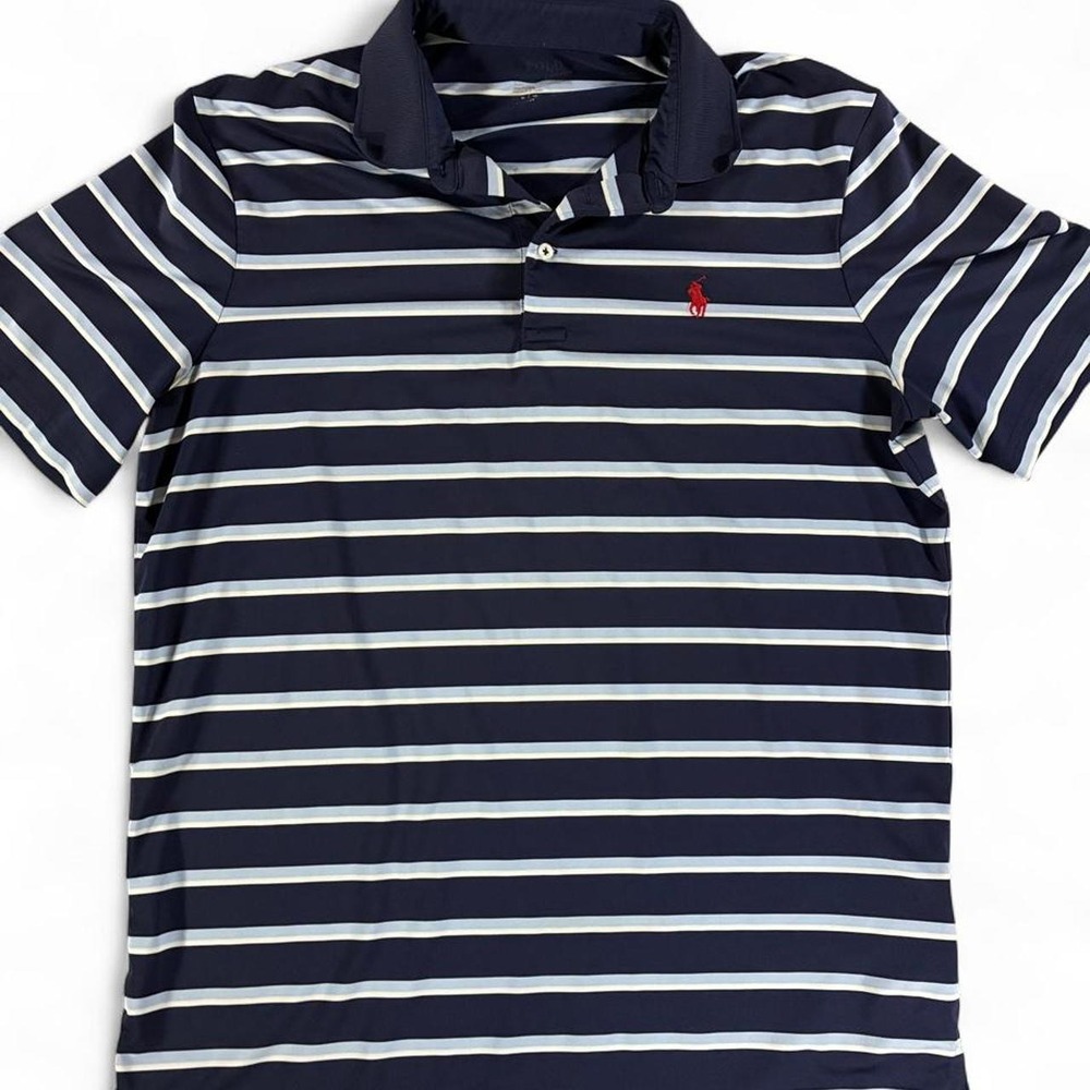 Polo Ralph Lauren Navy Blue & White Horizontal Striped Performance Polo Shirt. M
